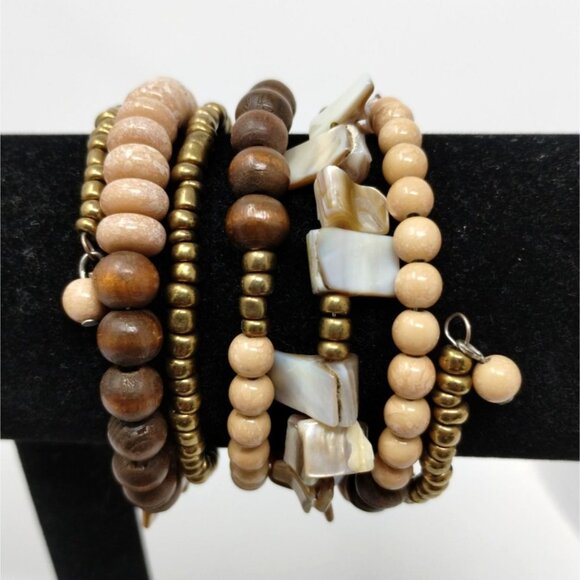 Boho Memory Wire Bracelet Wood Copper Color beads Natural Baroque Abalone - Picture 6 of 7